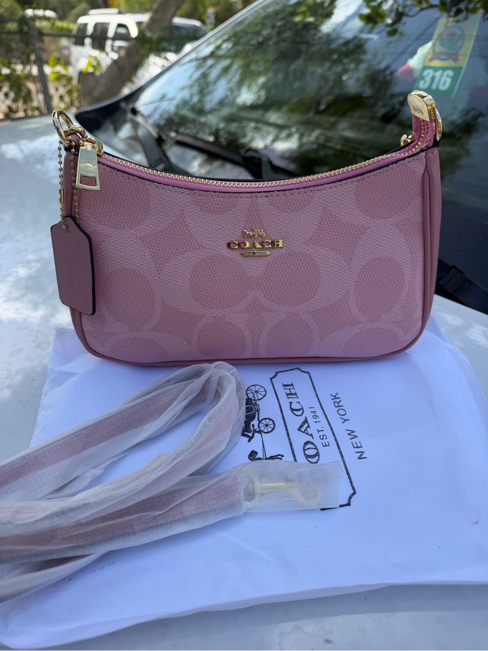Coach Pink Signature Jacquard Crossbody Bag with Gold Hardware